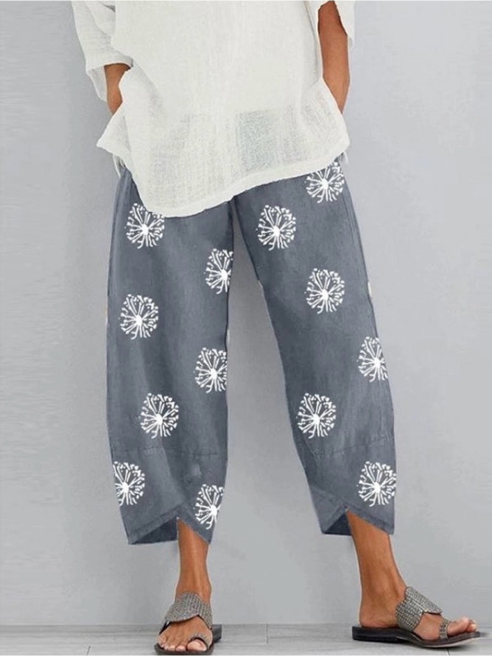 Relaxed Gray Printed Crop Pants- Boutique- New
